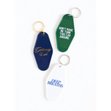 Three retro motel key tags in navy, green, and white for Getaway Car Vintage style