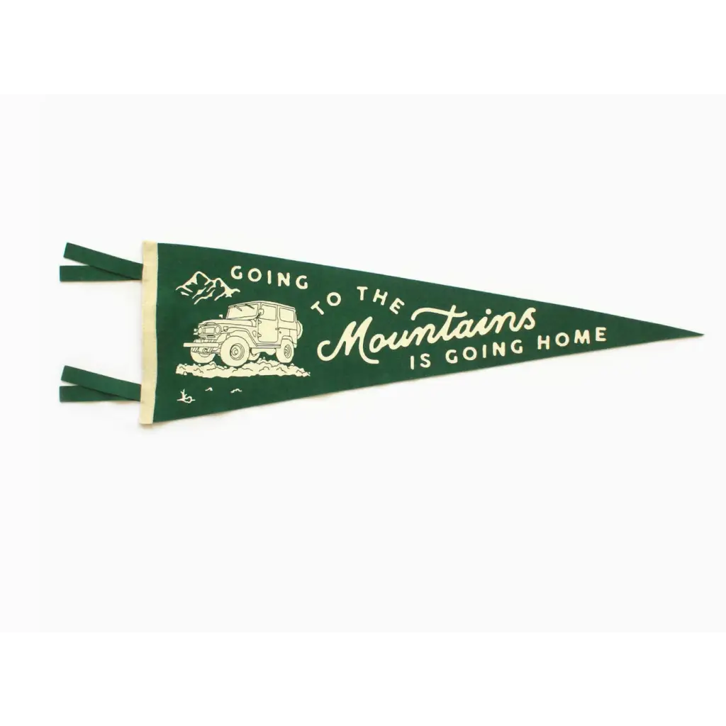 Green felt home pennant featuring John Muir quote and vintage truck illustration