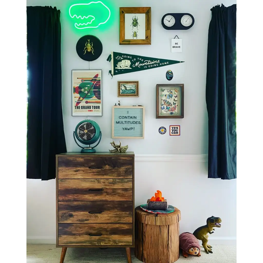 Wooden dresser with dark stained drawers and John Muir Home Pennant display