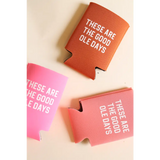 Three vibrant Good Ole Days koozies in orange and pink for chill vibes and fun times