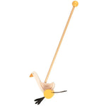 Wooden goose push toy with yellow wheels perfect for kids learning to walk