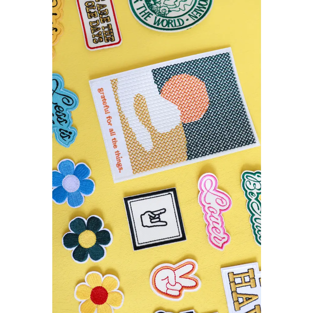 Geometric art print card with orange and teal shapes, perfect for Grateful for All the Things Iron-on Patch