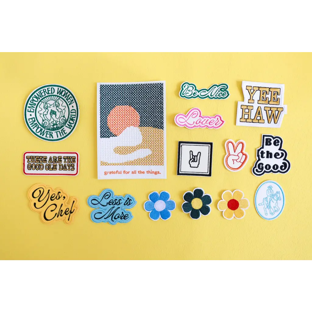 Colorful stickers and patches with peace signs and flowers on Grateful for All the Things items