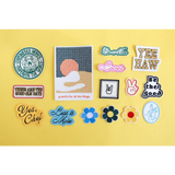 Colorful stickers and patches with peace signs and flowers on Grateful for All the Things items