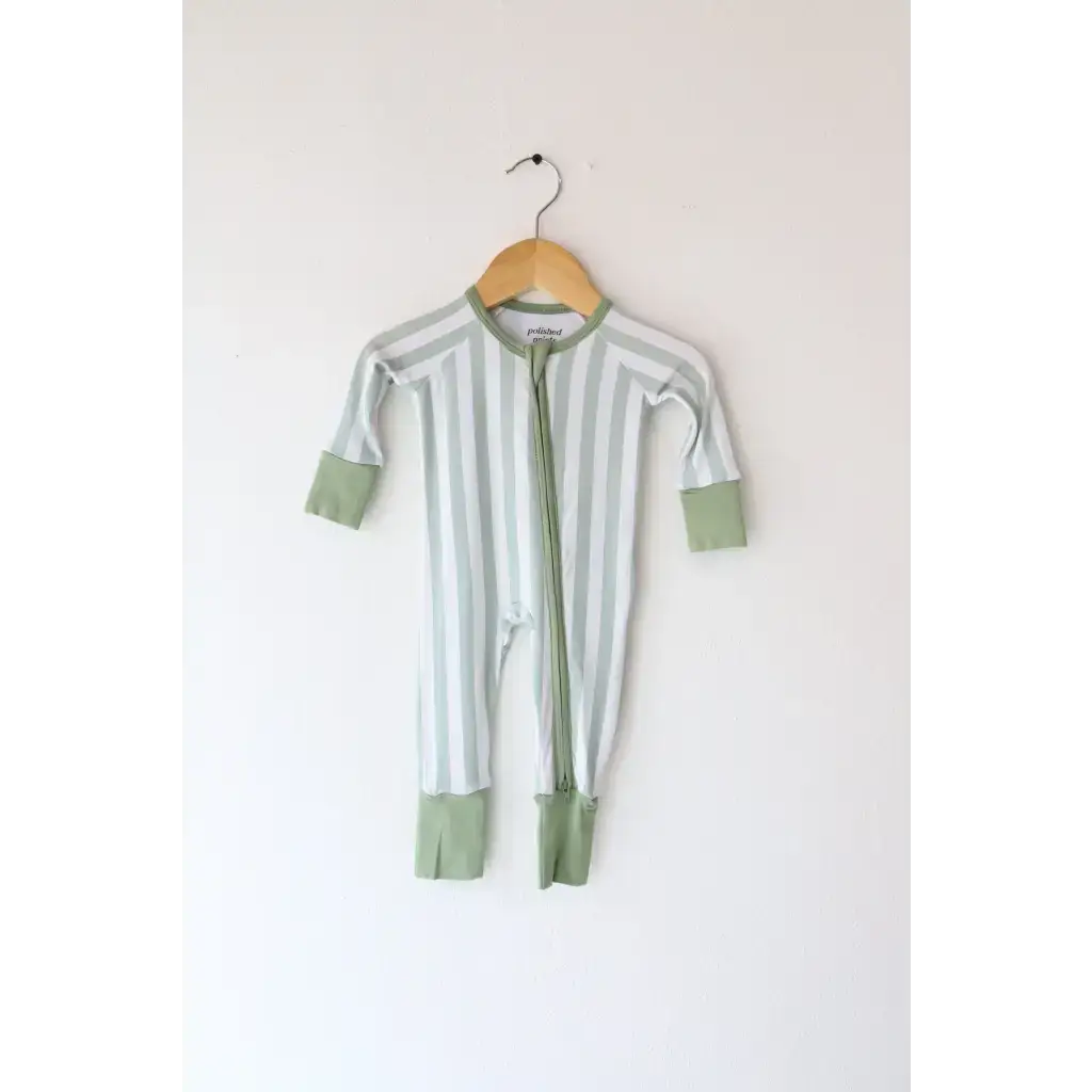 Green striped bamboo baby sleeper with zipper perfect for comfy naps and soft cuddles