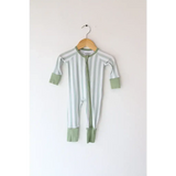 Green striped bamboo baby sleeper with zipper perfect for comfy naps and soft cuddles