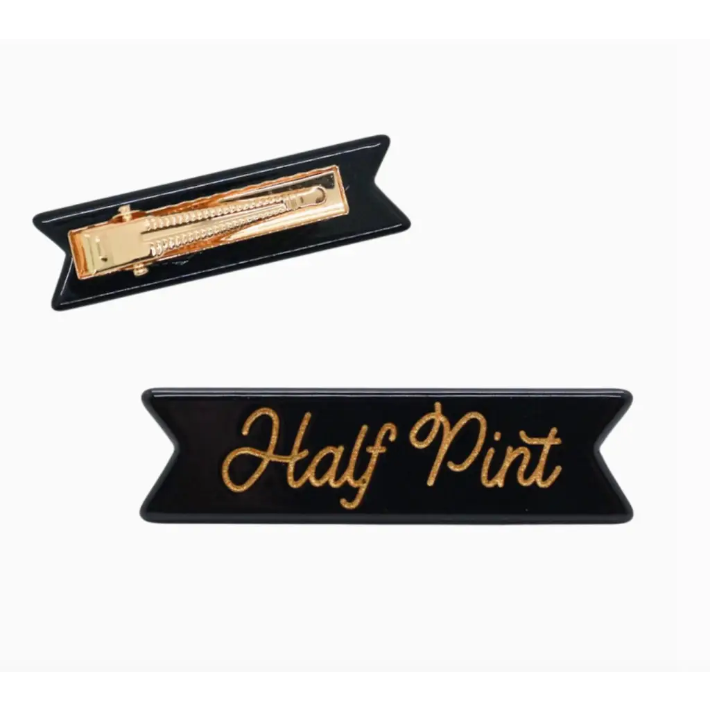 Black fabric patch with Half Pint in gold script on a cute Half Pint hair clip