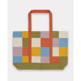 Handmade checkered canvas tote bag with orange handles and interior slip pocket