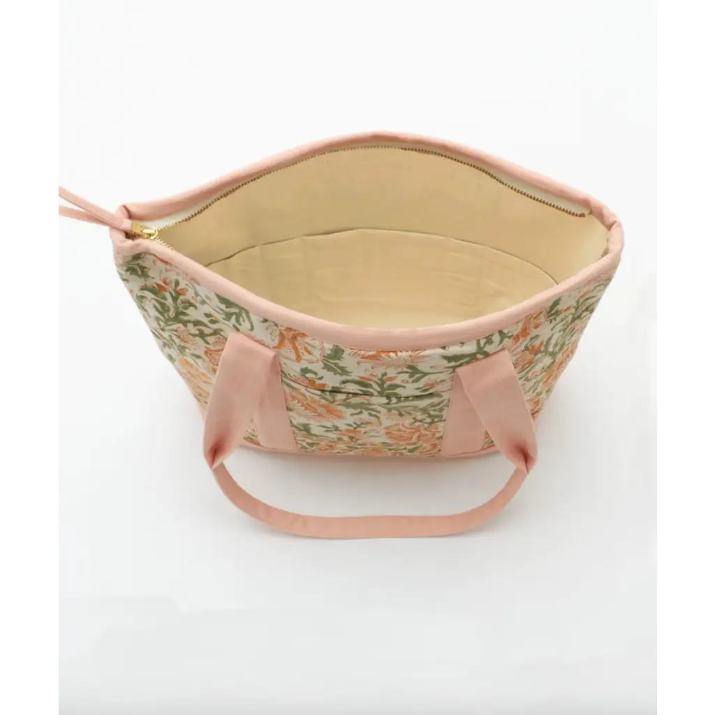Handmade Floral Mini Tote Bag made of organic cotton with slip pockets and pink trim