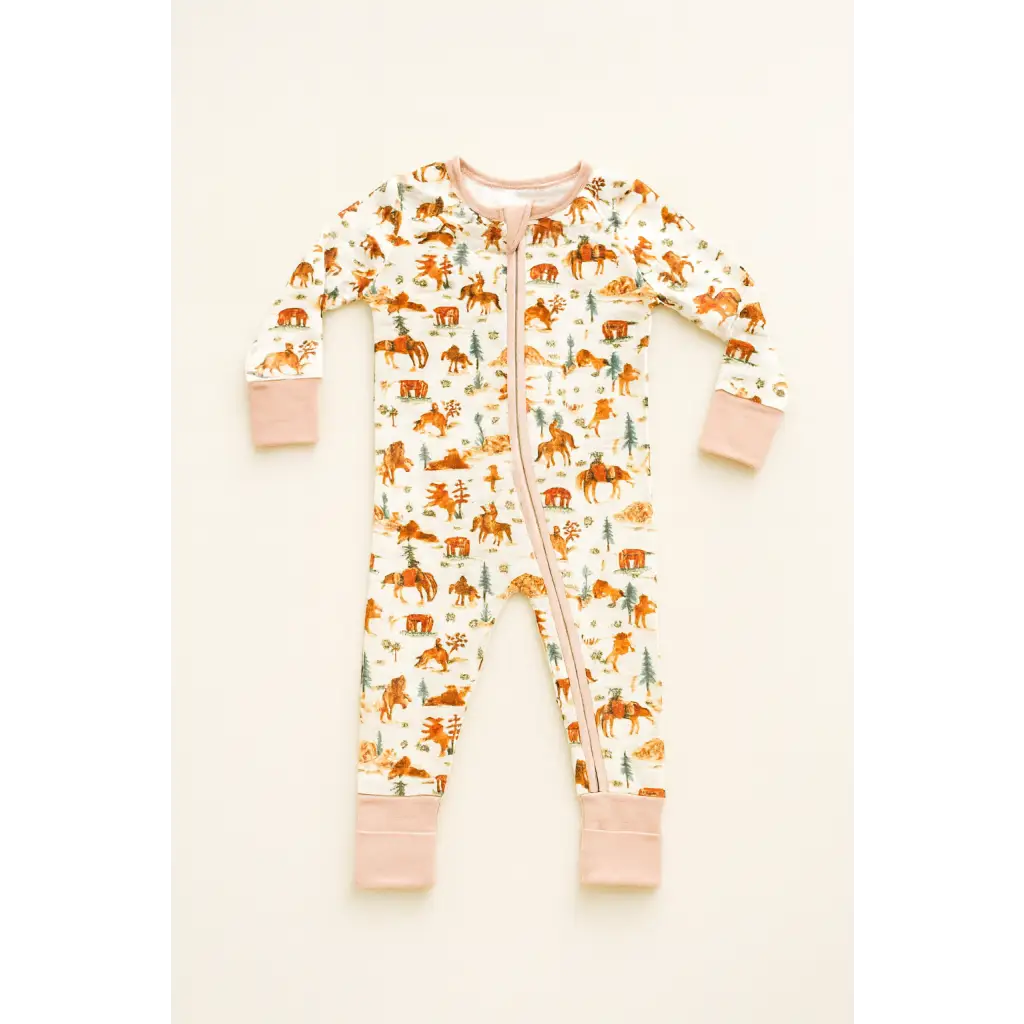 White bamboo baby sleeper with brown cowboy and horse pattern from Hay There Bamboo Baby Sleeper