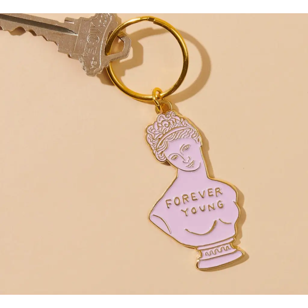 Pink and gold bust enamel keychain with Forever Young engraving and Greek bust design
