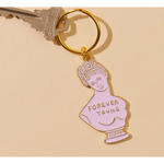 Pink and gold bust enamel keychain with Forever Young engraving and Greek bust design