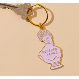 Pink and gold bust enamel keychain with Forever Young engraving and Greek bust design