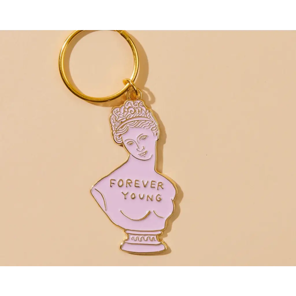 Pink and gold Forever Young Greek Bust Enamel Keychain with classical sculpture detail