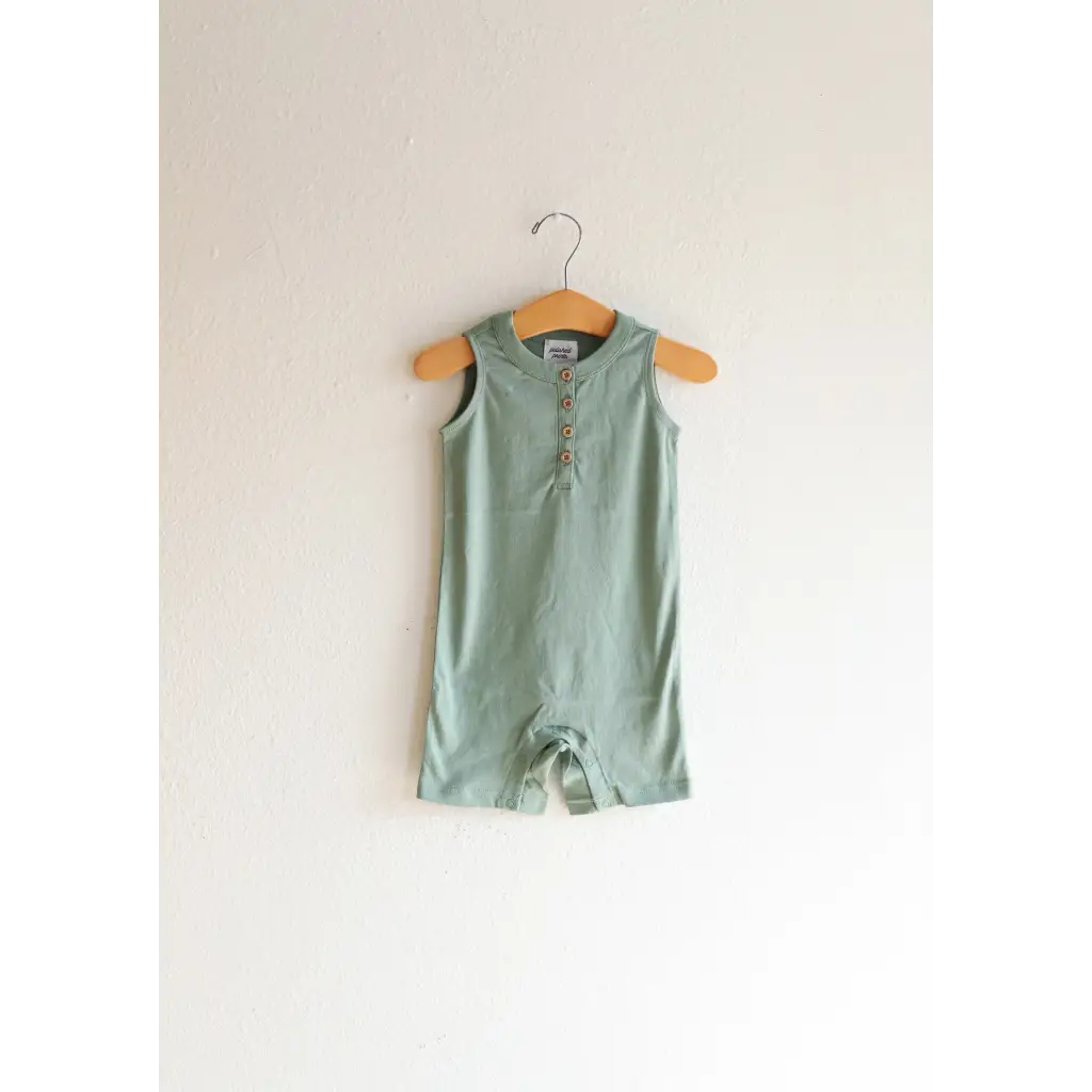 Sleeveless sage green henley romper on metal hanger, super soft organic cotton for babies