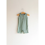 Sleeveless sage green henley romper on metal hanger, super soft organic cotton for babies