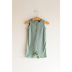 Sleeveless sage green henley romper with buttons, made from super soft organic cotton