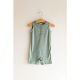 Sleeveless sage green henley romper with buttons, made from super soft organic cotton