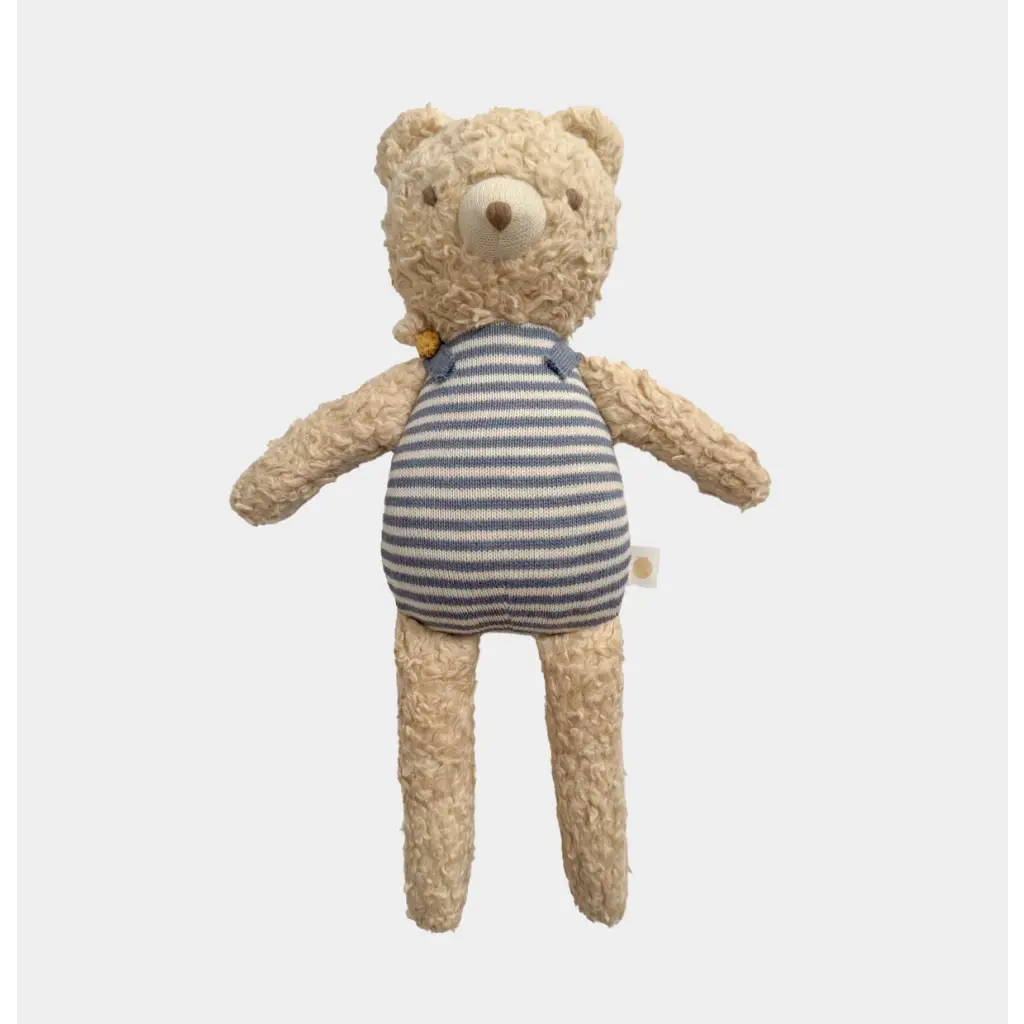 Plush Henry Bear wearing a blue and white striped tank top, ready to cuddle with friends