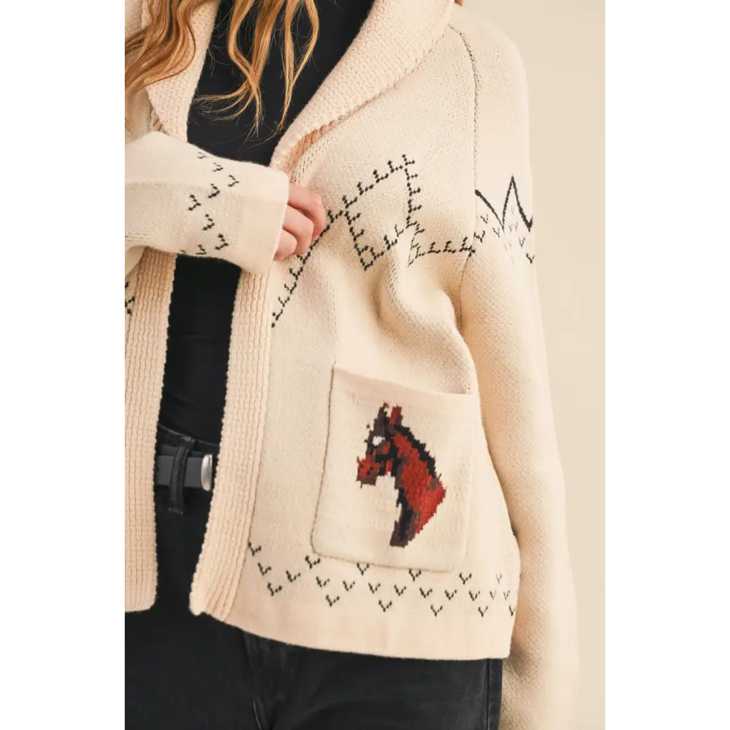 Open-front cream horse knit sweater cardigan with pixel horse graphic and southwestern patterns