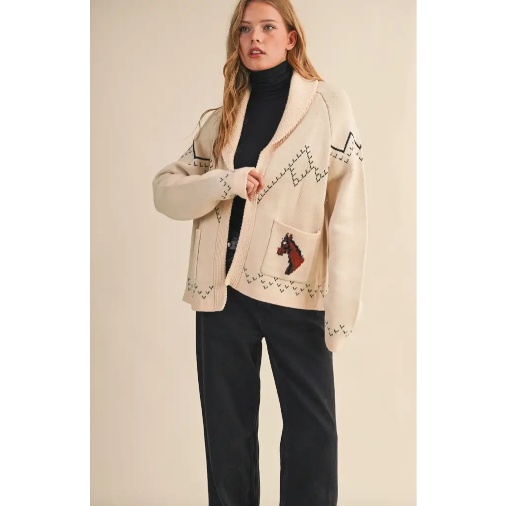 Holly Horse Knit Sweater Cardigan with horse motifs, off-white knit sweater cardigan style