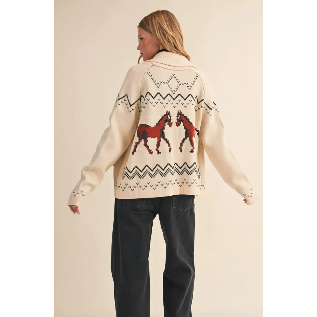 Cream-colored Holly Horse Knit Sweater Cardigan with red horse motifs and black geometric designs