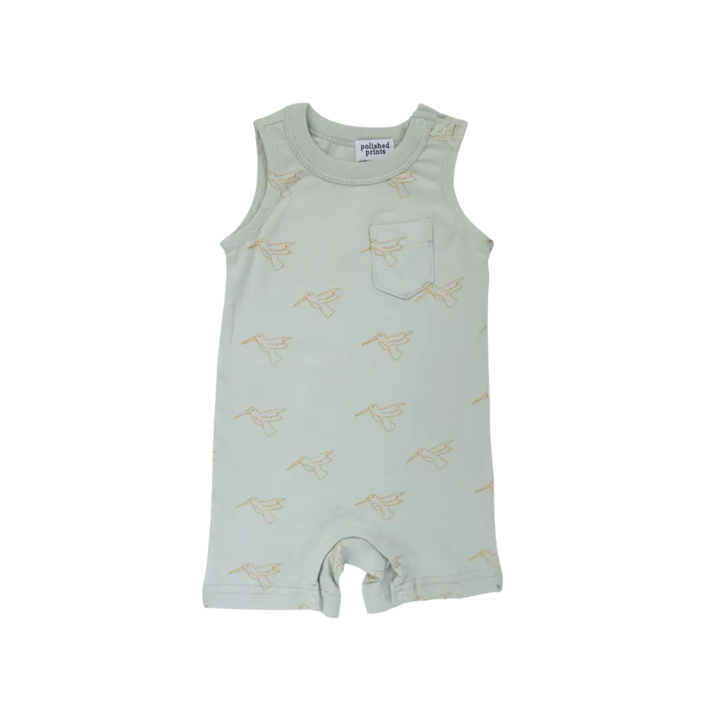 Sleeveless mint green Hummingbird Pocket Playsuit for your little adventurer with birds