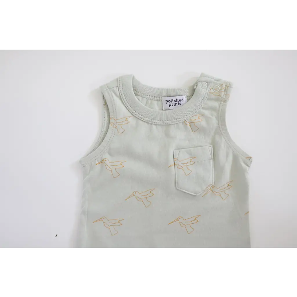 White sleeveless tank top with bird print, part of the Hummingbird Pocket Playsuit