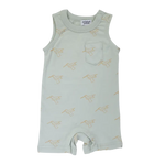 Mint green sleeveless baby romper with kangaroo print from the Hummingbird Pocket Playsuit