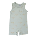 Mint green sleeveless baby romper with kangaroo print from the Hummingbird Pocket Playsuit