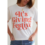 White Giving Festive Unisex T-shirt with coral text for a fun, stylish look