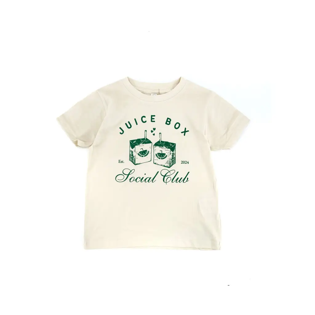 Cream-colored short-sleeved Juice Box Social Club T-shirt with green graphic