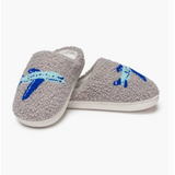 Cozy Grey Dinosaur Slippers that fit kid’s shoe sizes with fun blue designs