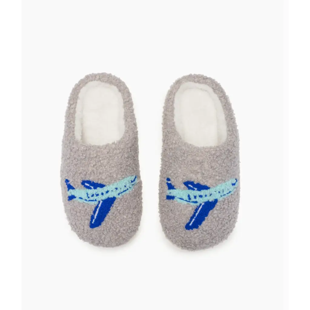 Cozy Gray Dinosaur Slippers fit kid’s shoe sizes with cute blue airplane designs