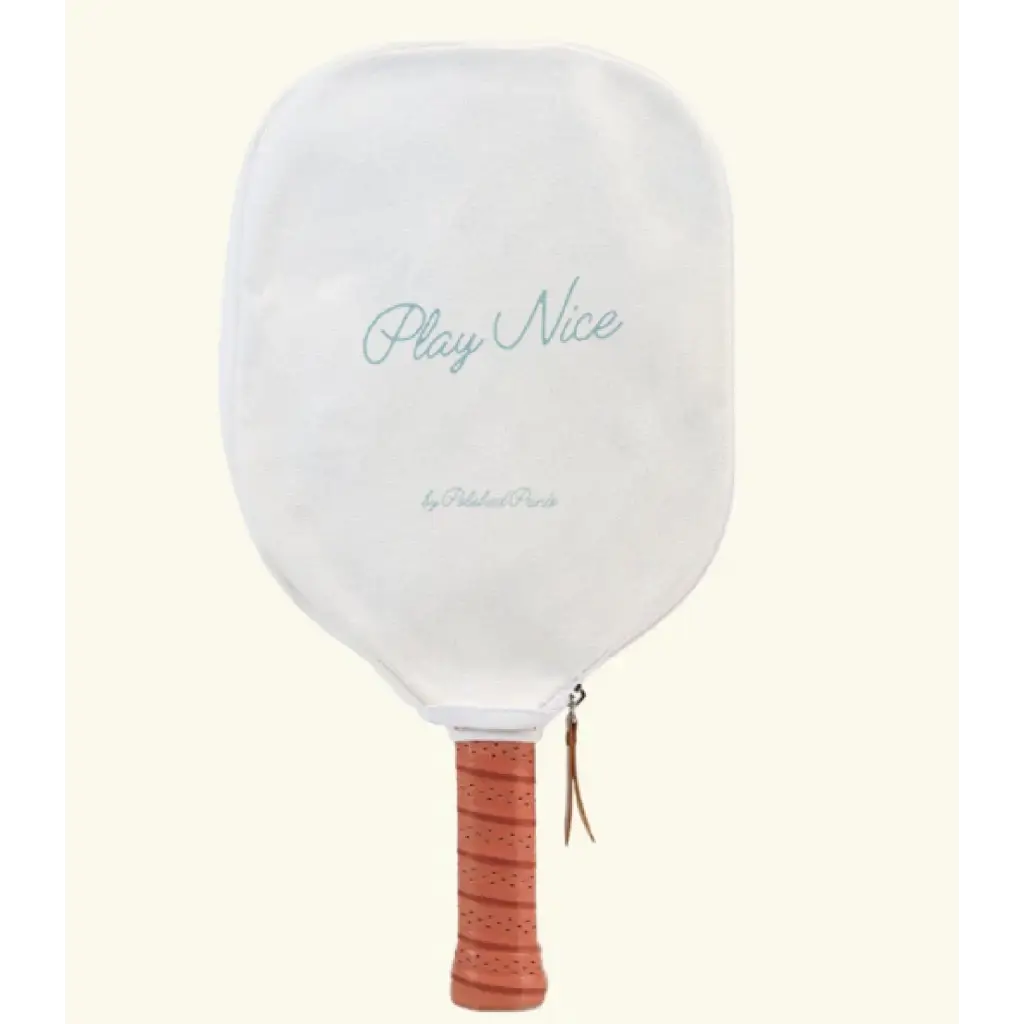 Mini Pickle Ball Paddle with Play Nice text and brown handle for little players