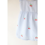 Kids Embroidered Cherry Tie-Strap Dress in white striped seersucker fabric for French summer