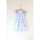 Kids embroidered cherry tie-strap dress in white striped seersucker fabric perfect for French summer