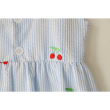 Kids embroidered cherry tie-strap dress with white striped seersucker fabric for summer