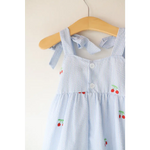 Blue and white striped seersucker cherry-embroidered dress for kids on French summer days
