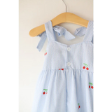 Blue and white striped seersucker cherry-embroidered dress for kids on French summer days