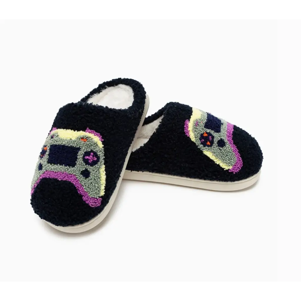 Cool black slippers with a colorful gaming controller design for kids’ shoe size