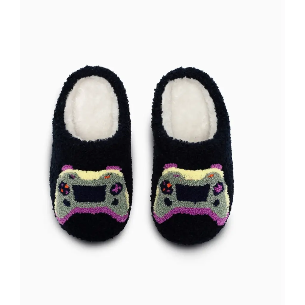 Cool Black Slippers for kids with a colorful gaming controller design, perfect fit for kid’s shoe size
