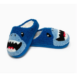 Blue shark plush slippers that fit kid’s shoe size for cozy adventures and fun