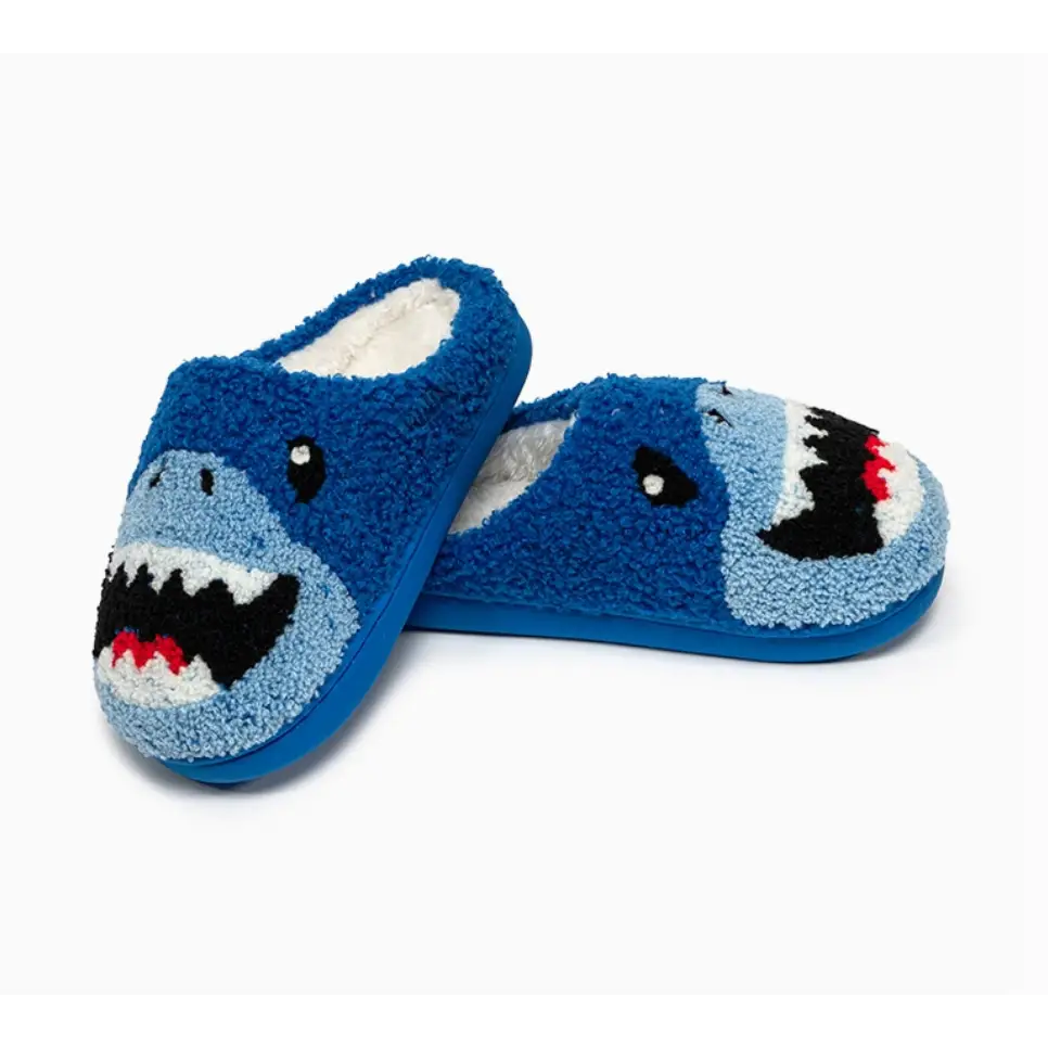 Blue shark plush slippers that fit kid’s shoe size for cozy adventures and fun