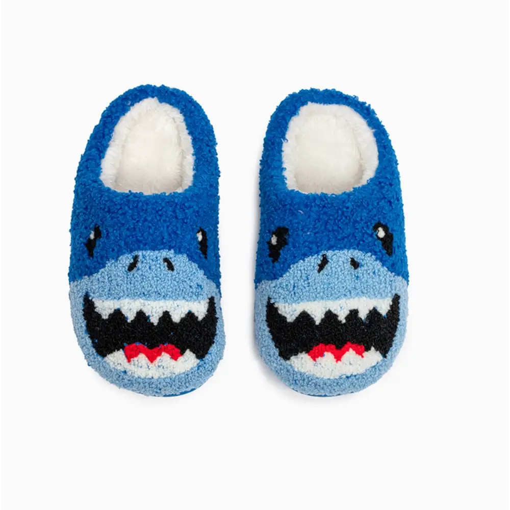 Cute fuzzy blue shark slippers for kids, perfect fit for kid’s shoe size adventures