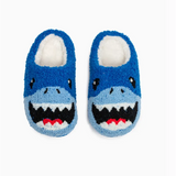Cute fuzzy blue shark slippers for kids, perfect fit for kid’s shoe size adventures