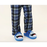 Blue shark plush slippers with teeth, perfect for cozy adventures in kid’s shoe size