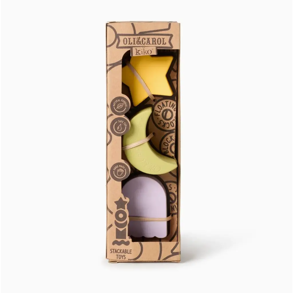 Cardboard box with colorful bath bombs and Floating Stacking Blocks in Natural Rubber