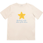 Beige kids t-shirt with star graphic and elegant blue script, perfect for rosy cheeks