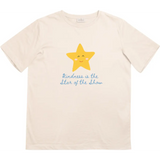Beige kids t-shirt with star graphic and elegant blue script, perfect for rosy cheeks